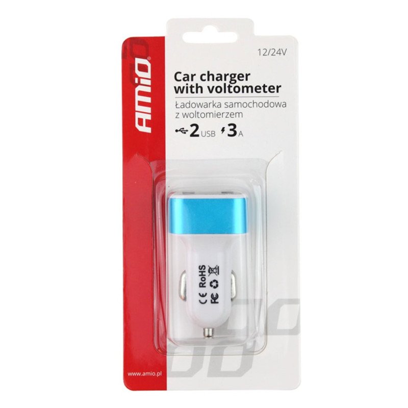 AMIO 01028/AM Φορτιστής Αυτοκινήτου USB Dual με Βολτόμετρο και Ένδειξη Κατανάλωσης τάση λειτουργίας 12-24V απόδοσης 3A για Επιβατικά Αυτοκίνητα και Φορτηγά - 1 τεμ.