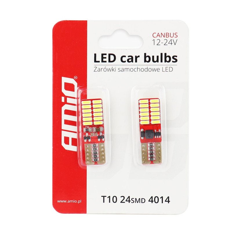 AMIO 01287/AM Λάμπες LED T10 W5W Καρφωτές 12/24V 2.2W 5600K με 24 SMD 4014 CANBUS για Φώτα Θέσης Πινακίδας & Εσωτερικού Φωτισμού με Ισχυρό Λευκό Φως και Χωρίς Σφάλματα - 1 Σετ