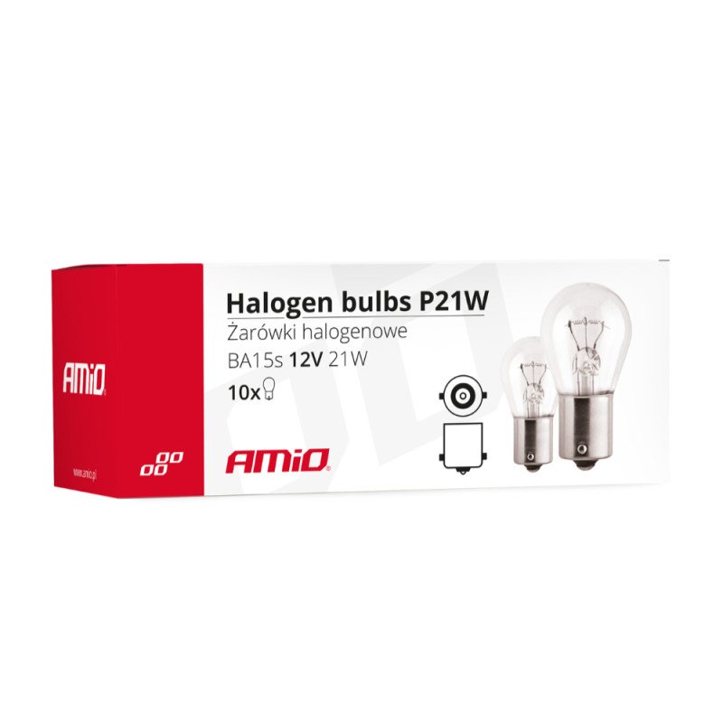 AMIO 01491/AM Λαμπτήρες Αλογόνου P21W BA15s 12V 21W για Φώτα Αυτοκινήτου Σε Κουτί – 10 Τεμ.