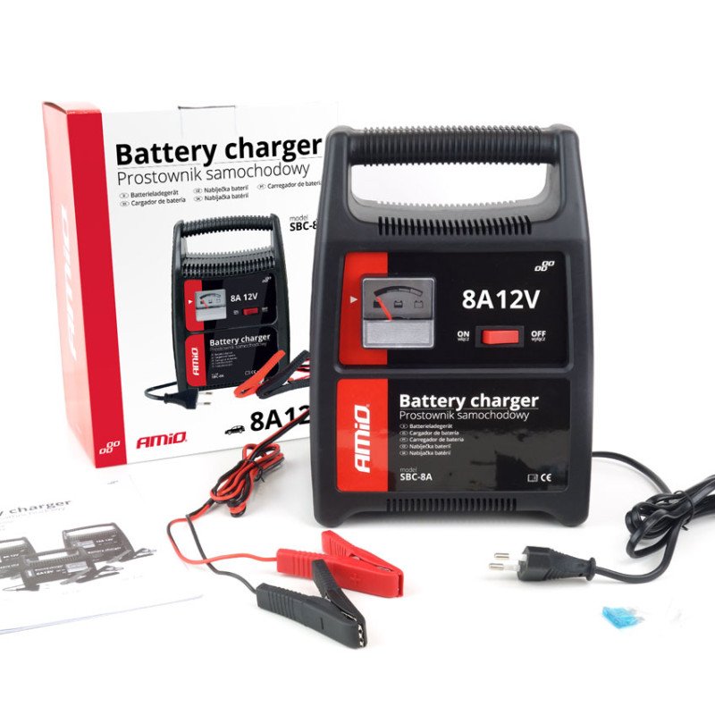 AMIO 02086/AM Φορτιστής Μπαταρίας 12V 8A για γρήγορη φόρτιση μπαταριών 32-90Ah με προστασία και ασφαλή ακροδέκτες για σταθερή και αξιόπιστη χρήση σε απαιτητικές εφαρμογές - 1 Τεμ.