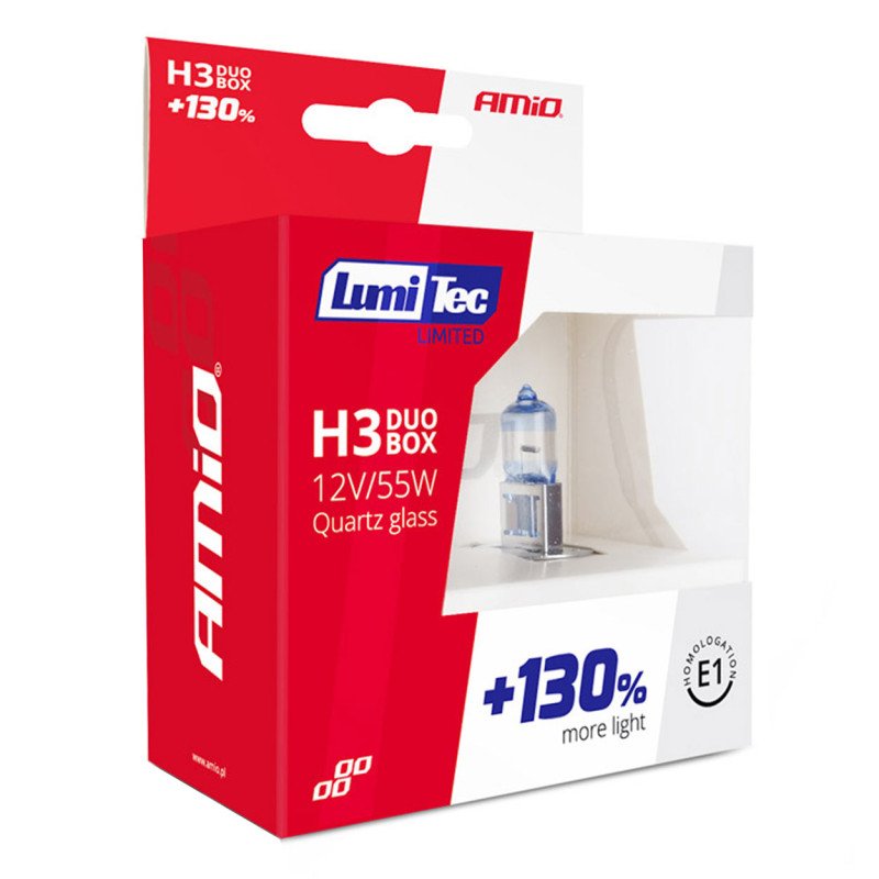 AMIO 02102/AM Λάμπες Αλογόνου H3 12V 55W PK22s Lumitec Limited +130% έως 40m με λευκό φως 4300K για βελτιωμένη ορατότητα και ασφαλή οδήγηση με έγκριση E1 - 2 Τεμ.