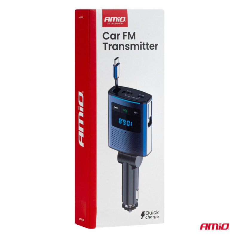 AMIO 04656/AM FM Transmitter Αυτοκινήτου 12/24V με 1xUSB Type-A, 1xUSB Type-C και Ενσωματωμένο Καλώδιο Φόρτισης Type-C - 1 τεμ.