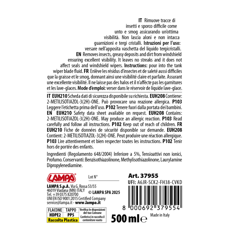 LAMPA L3795.5 ΥΓΡΟ ΥΑΛΟΚΑΘΑΡΙΣΤΗΡΩΝ SUMMER SCREEN WASH ΜΕ ΑΡΩΜΑ ΛΕΒΑΝΤΑ (ΕΤΟΙΜΟ ΓΙΑ ΧΡΗΣΗ) 500ml