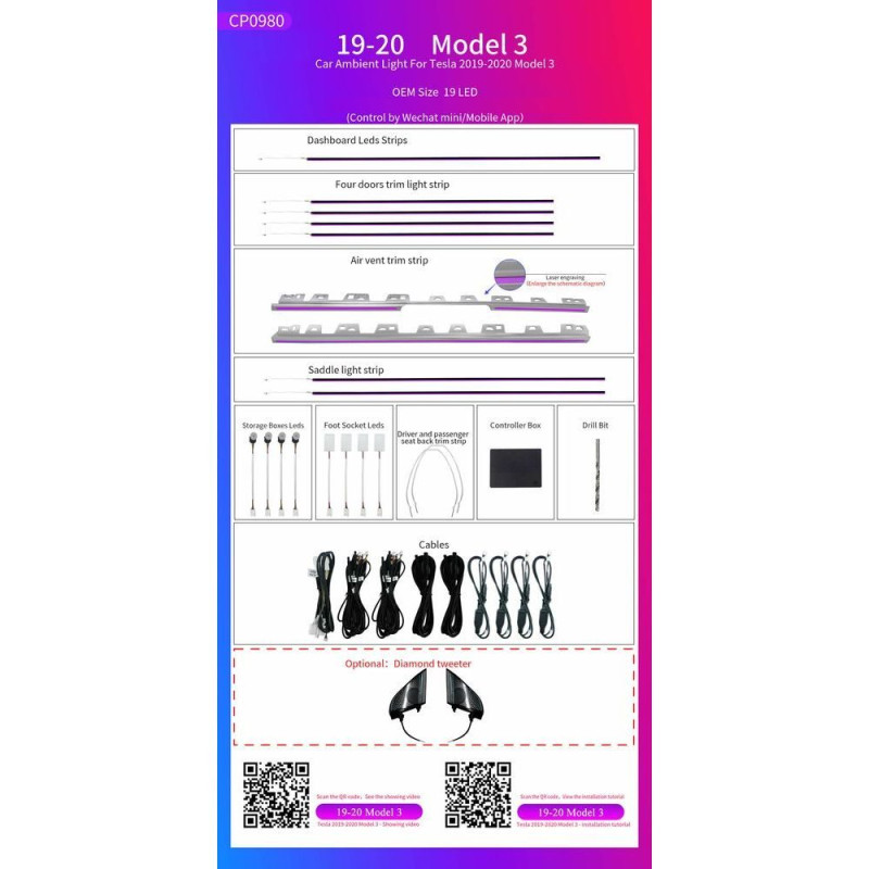 BIZZAR L-AL-TS3 Ατμοσφαιρικός Φωτισμός TESLA MODEL3 OEM Ambient Light Full Kit