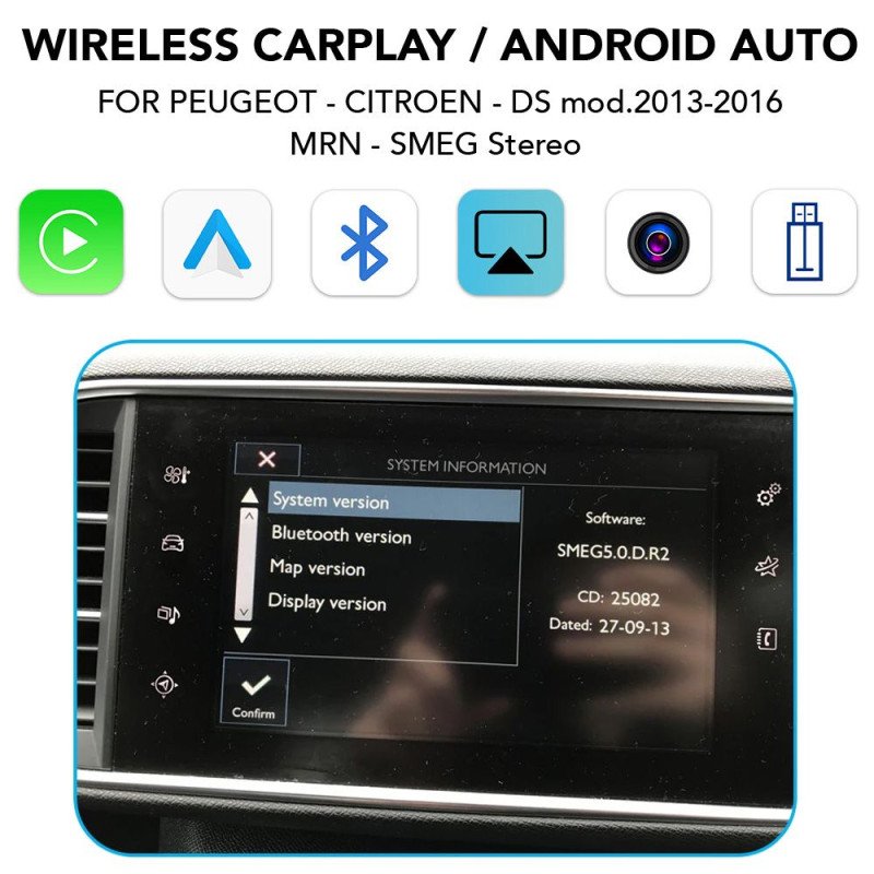 DIGITAL IQ PG 256 CPA (WIRELESS CARPLAY / ANDROID AUTO BOX with 2 CAMERA IN for  PEUGEOT - CITROEN - DS mod. 2013-2017)