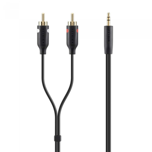 BELKIN F3Y116bt2M CABLE, AUDIO, 3.5mm/2xRCA, M/M, 2M, PORTABLE, BLK, GOLD