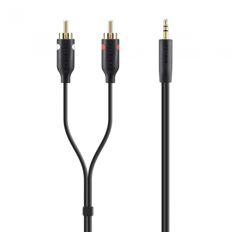 BELKIN F3Y116bt2M CABLE, AUDIO, 3.5mm/2xRCA, M/M, 2M, PORTABLE, BLK, GOLD